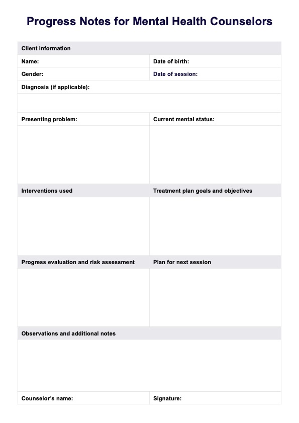 Progress Notes For Mental Health Counselors Template PDF Example