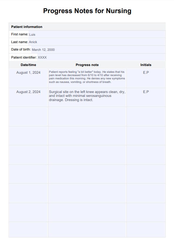 간호 템플릿 진행 노트 PDF Example