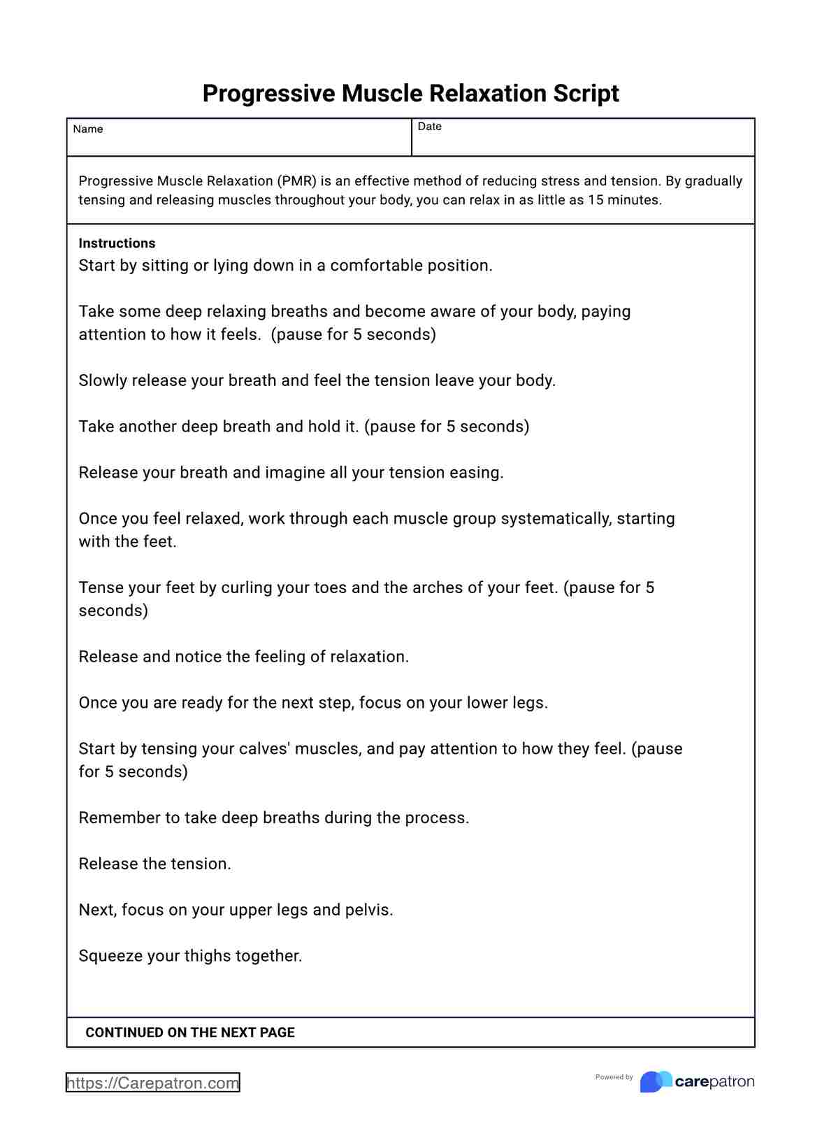 Progressive Muscle Relaxation Script PDF Example