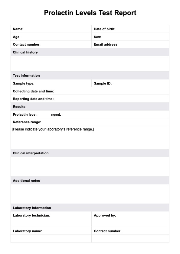 Reporte de prueba de niveles de prolactina PDF Example