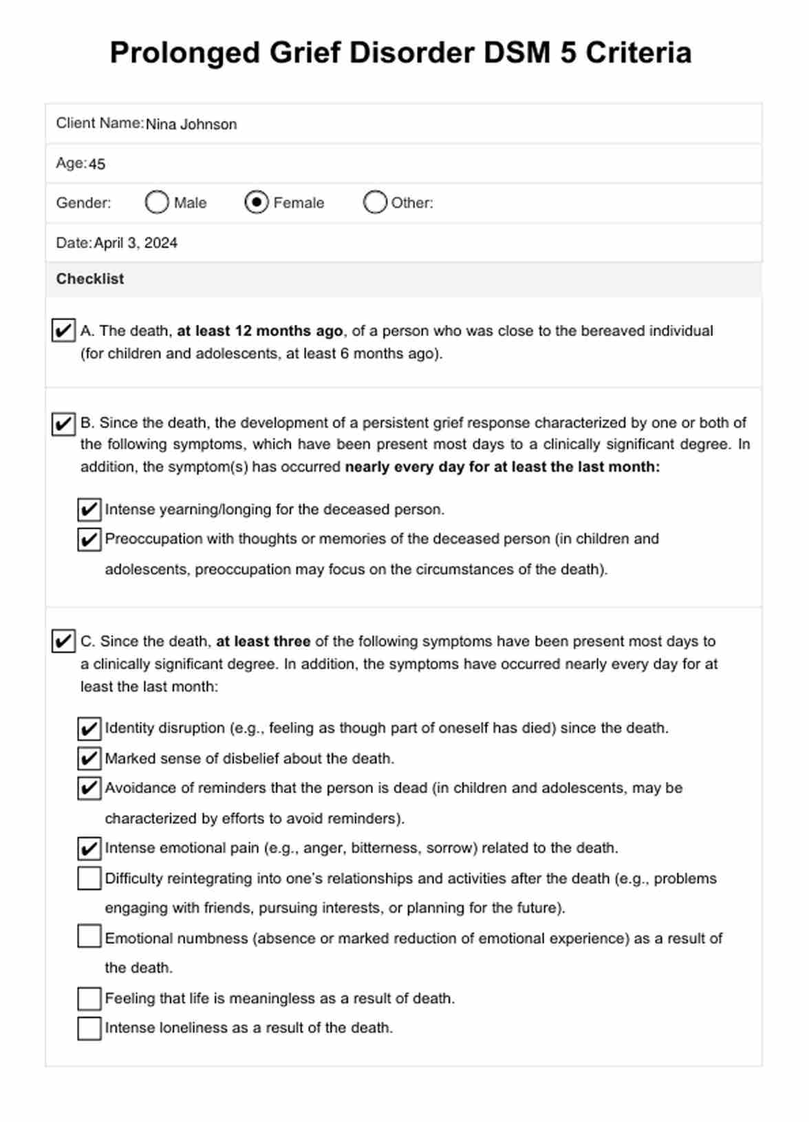 Prolonged Grief Disorder DSM 5 Criteria & Example | Free PDF Download