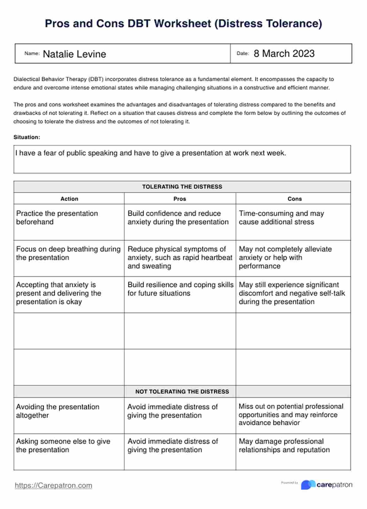 Pros and Cons DBT Worksheet PDF Example