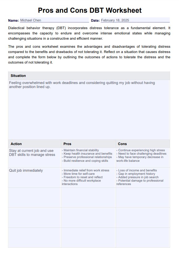 Hoja de ejercicios de pros y contras PDF Example