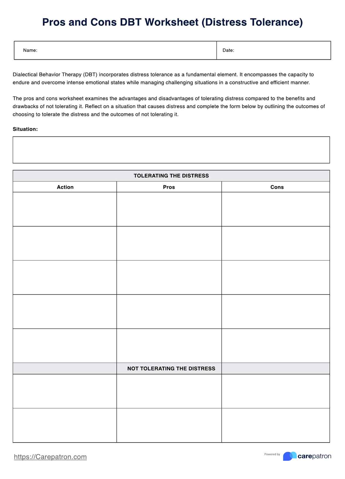 Pros and Cons DBT Worksheet PDF Example