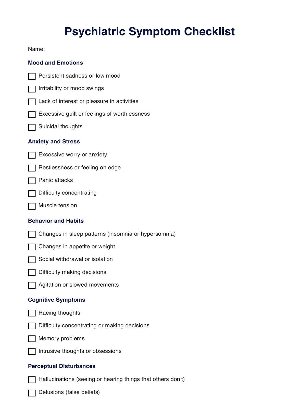 Psychiatric Symptom Checklist PDF Example