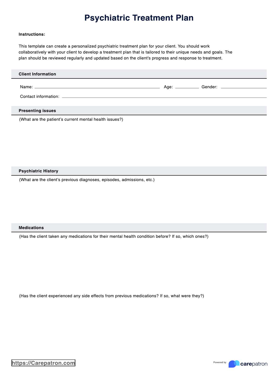 Psychiatric Treatment Plan PDF Example