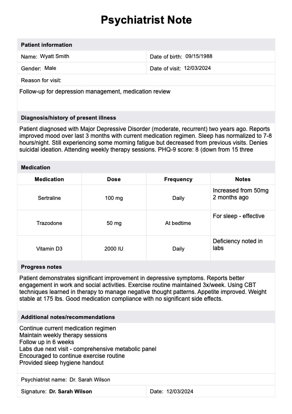 Psychiatrist Note Template PDF Example