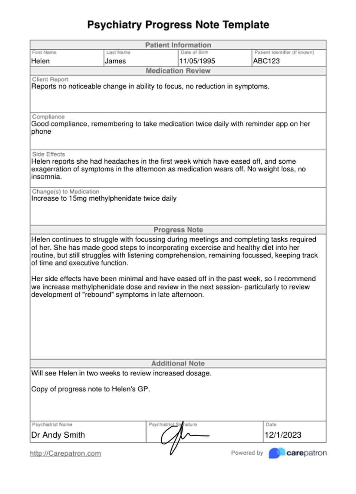 Plantilla de Nota de progreso de psiquiatría PDF Example