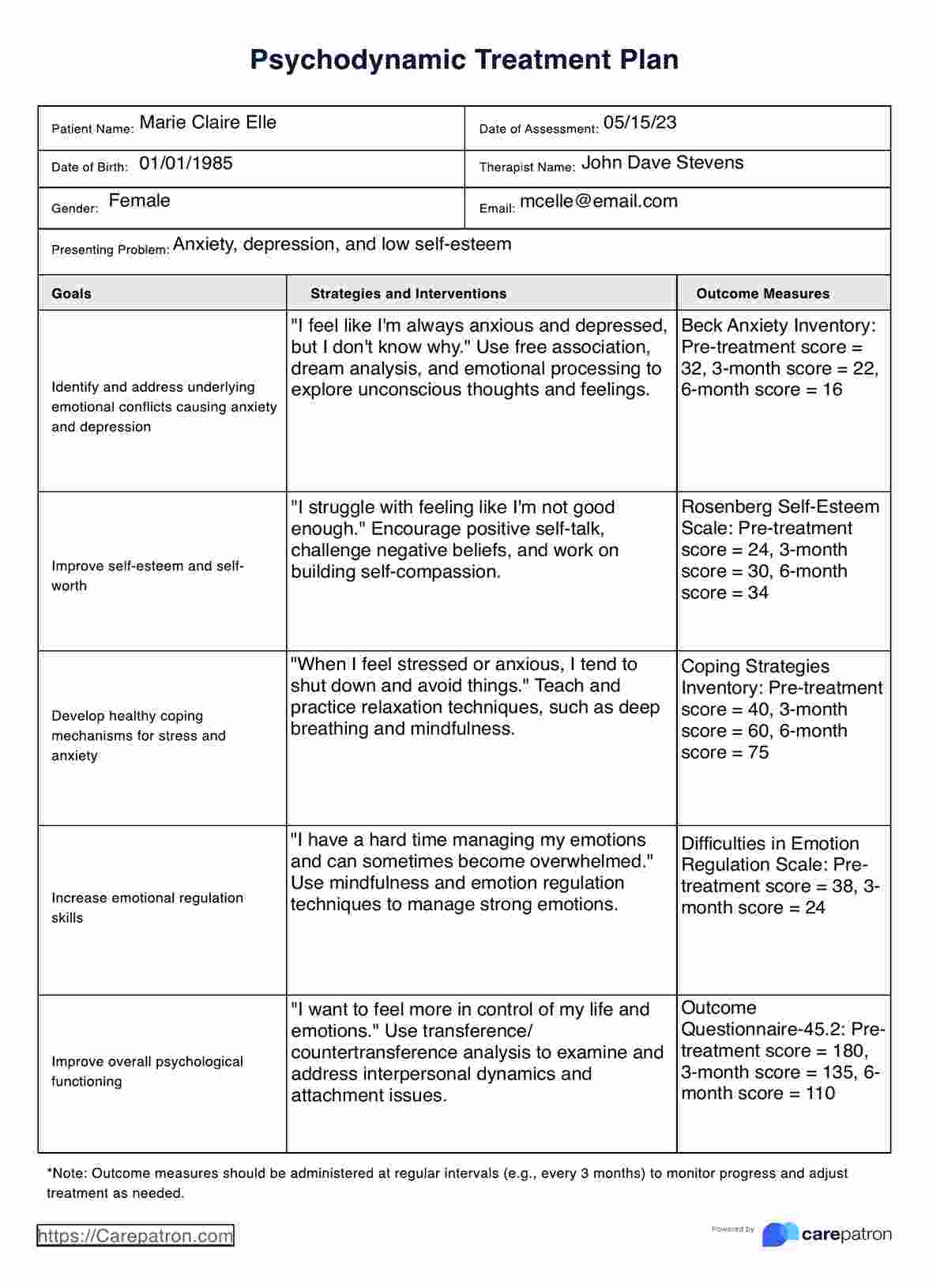 Psychodynamic Treatment Plan PDF Example