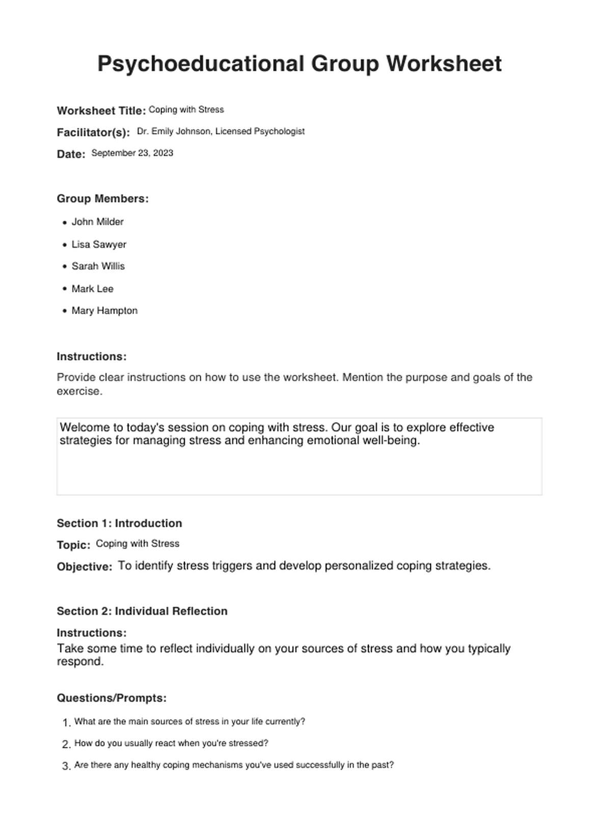 Psychoeducational Group Worksheets PDF Example