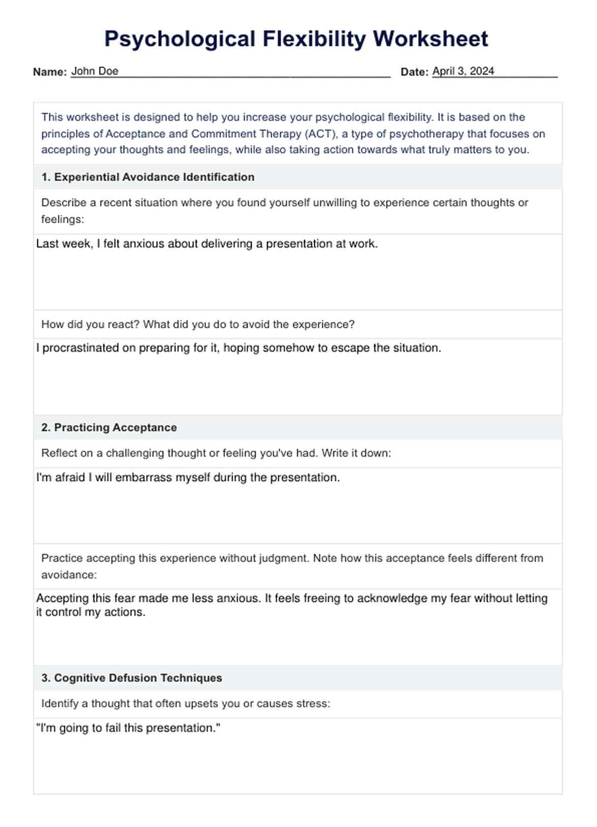 Psychological Flexibility Worksheet PDF Example
