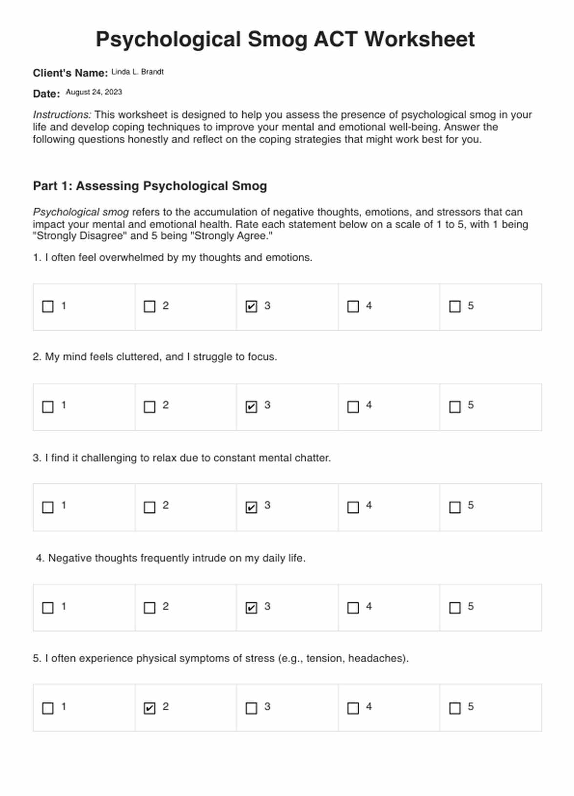 Psychological Smog ACT Worksheet PDF Example