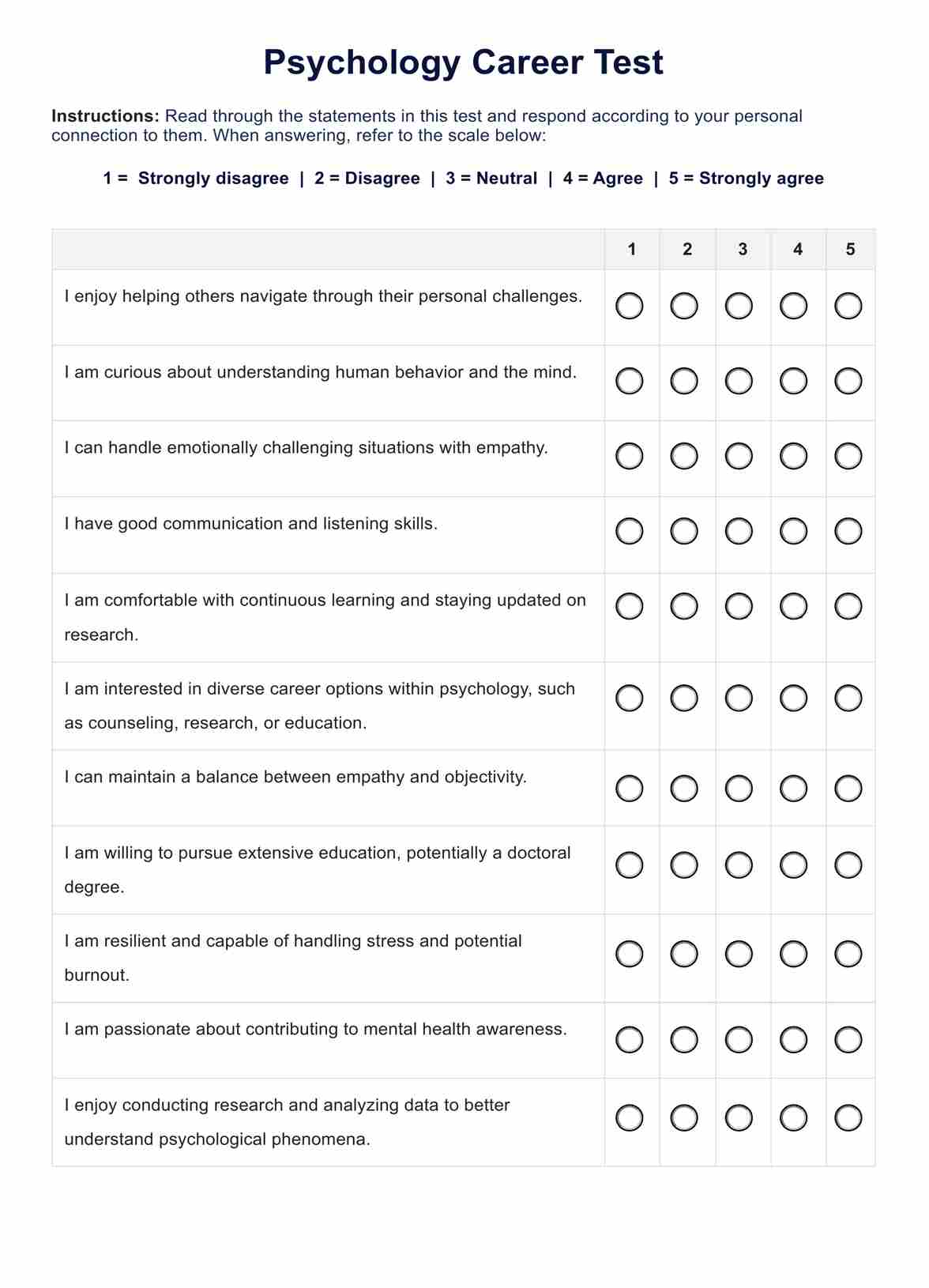 Psychology Career Test PDF Example