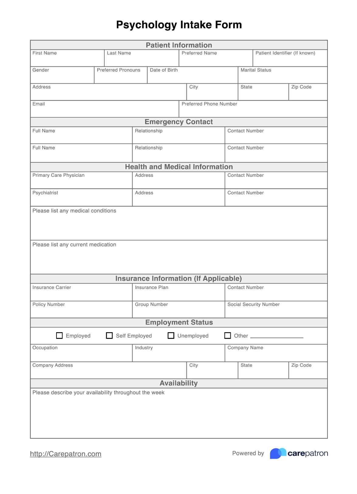 Psychology Intake Form PDF Example