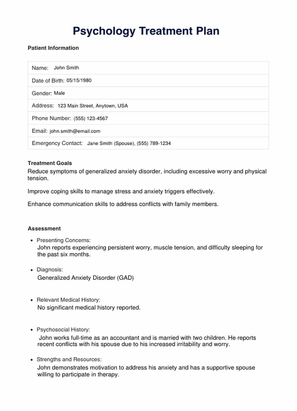Psychology Treatment Plan PDF Example