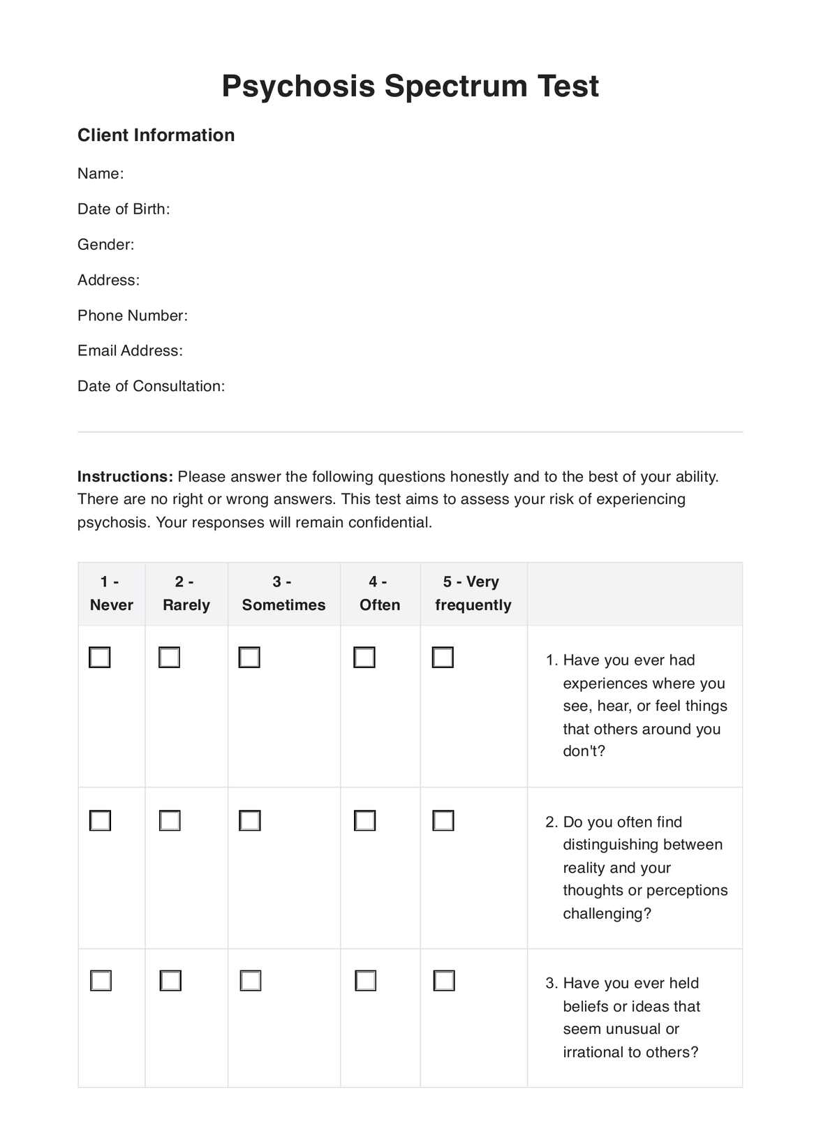 Psychosis Spectrum Test PDF Example
