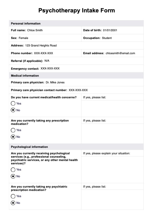 Psychotherapy Intake Form PDF Example