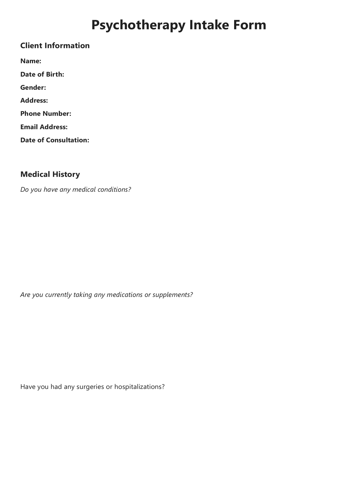 Psychotherapy Intake Form PDF Example