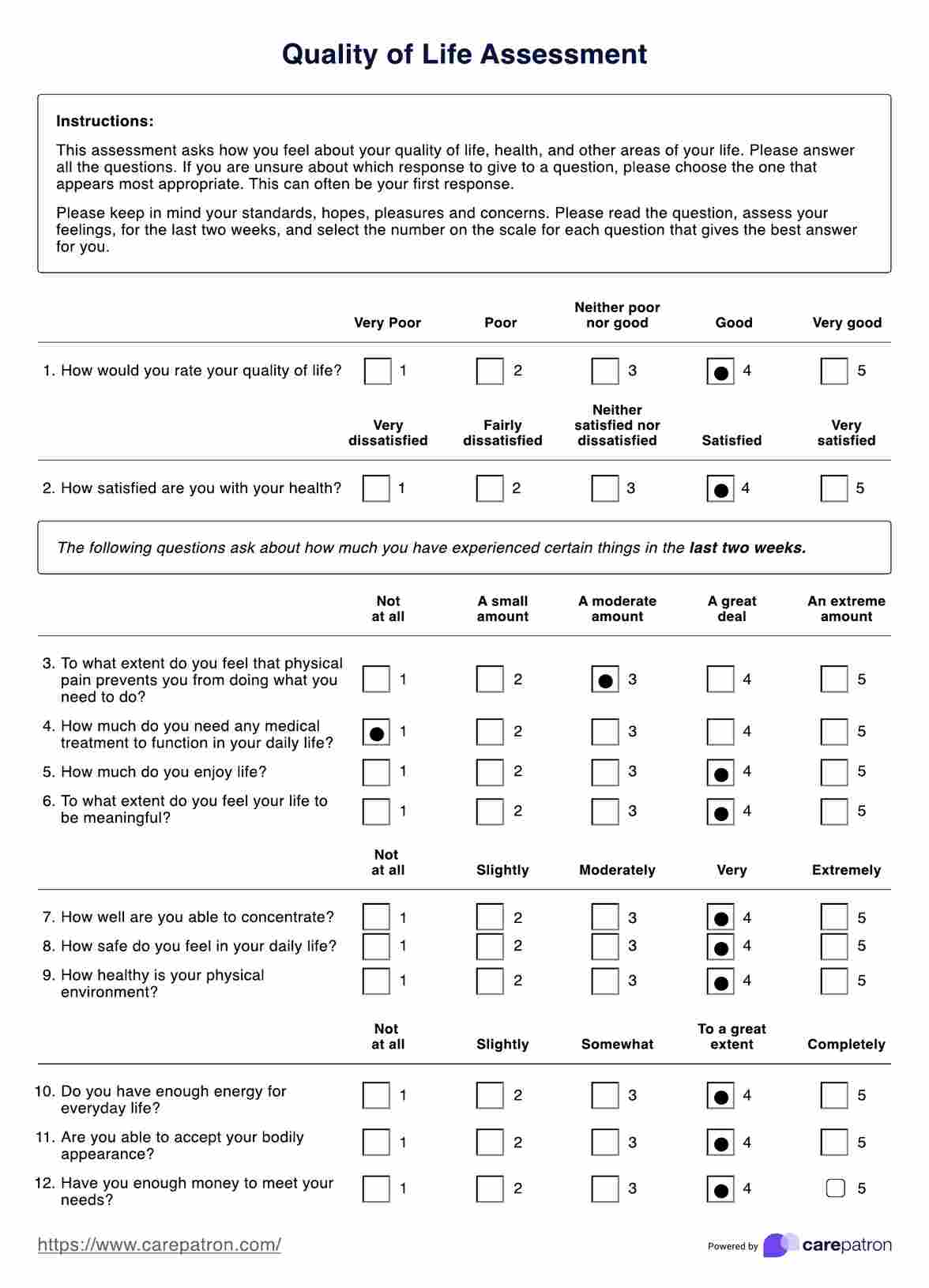 Formulario de Evaluación de la calidad de vida PDF Example