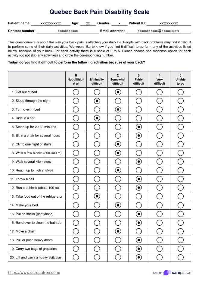 Quebec Back Pain Disability Scale PDF Example