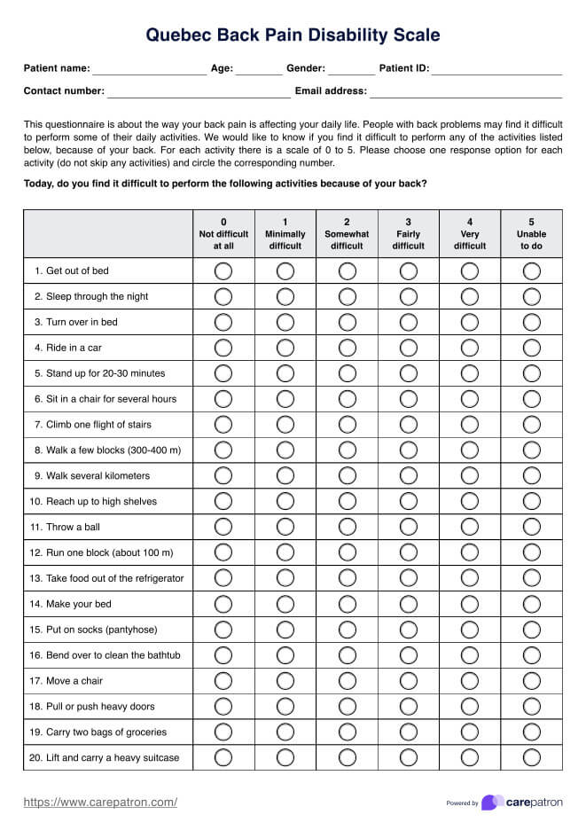 Quebec Back Pain Disability Scale PDF Example