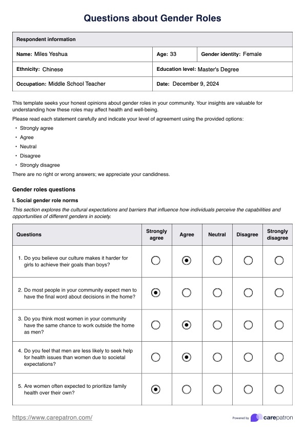 Questions about Gender Roles PDF Example