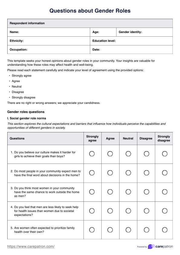 Questions about Gender Roles PDF Example