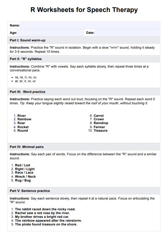 R Worksheets for Speech Therapy PDF Example