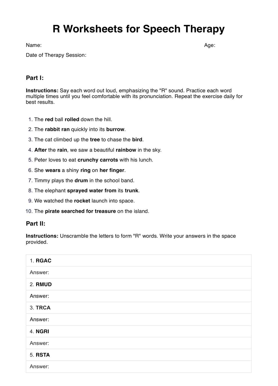 R Worksheets for Speech Therapy PDF Example