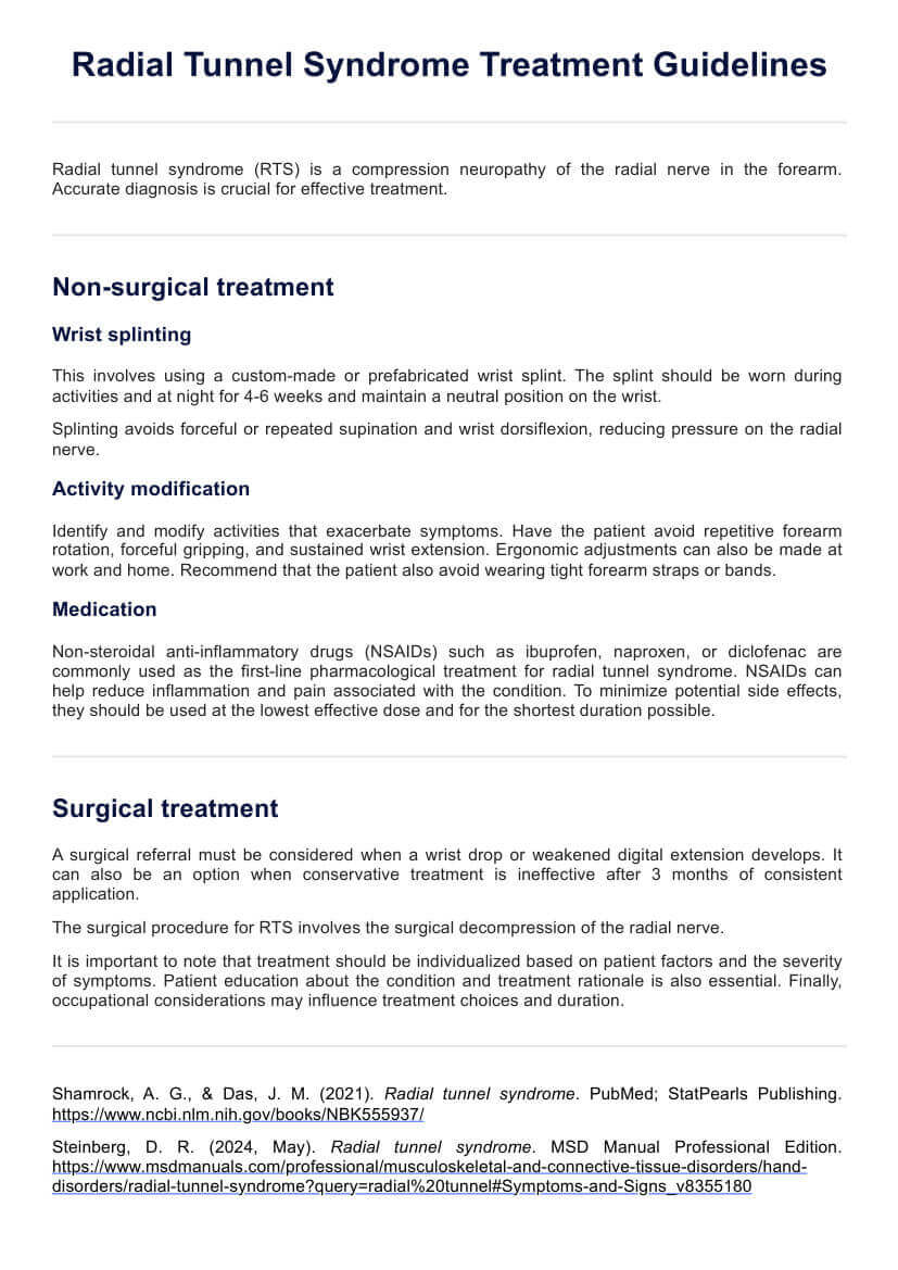 Radial Tunnel Syndrome Treatment Guidelines PDF Example