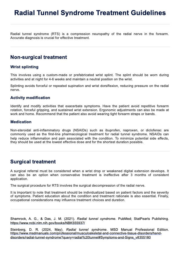 Radial Tunnel Syndrome Treatment Guidelines PDF Example