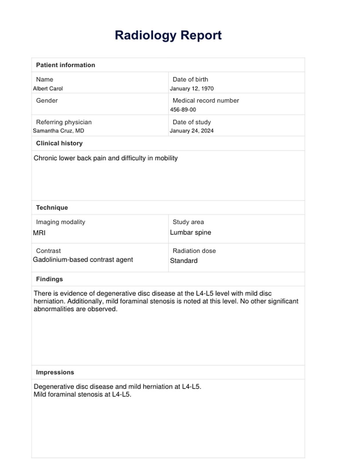 Radiology Report Template PDF Example