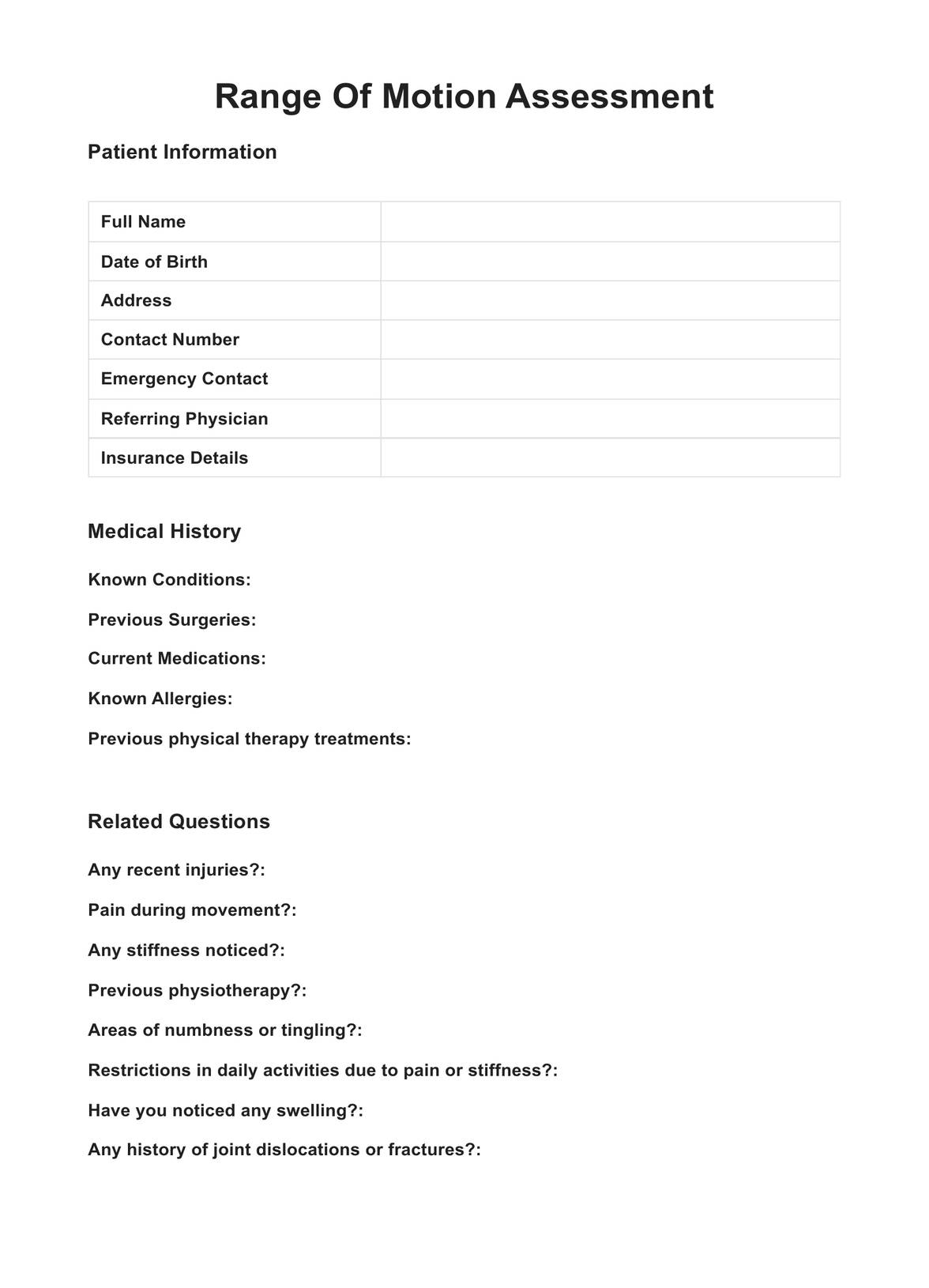 Range Of Motion Assessment PDF Example