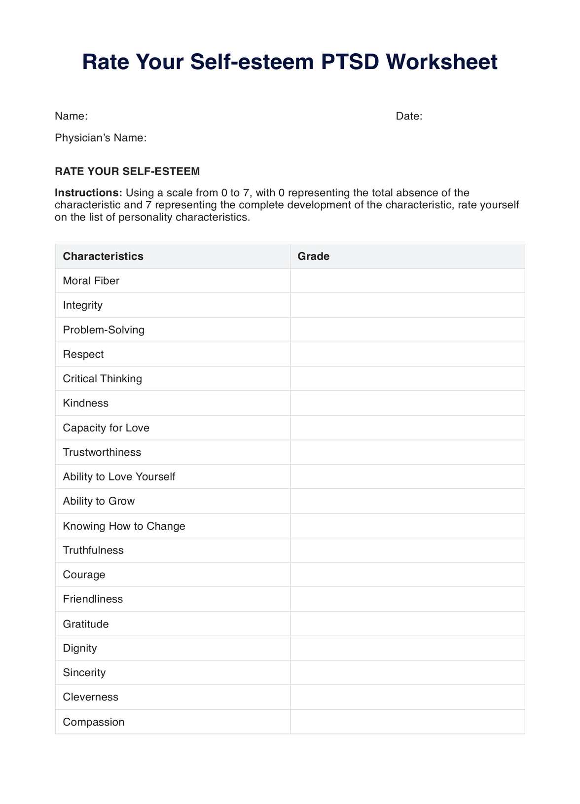 Rate Your Self-esteem PTSD Worksheet PDF Example