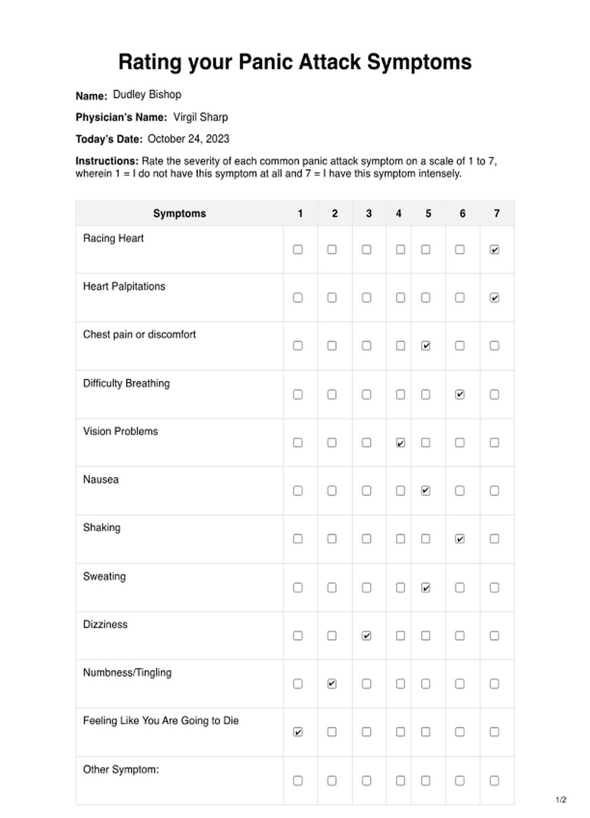 Hoja de ejercicios de calificación de los síntomas del ataque de pánico PDF Example