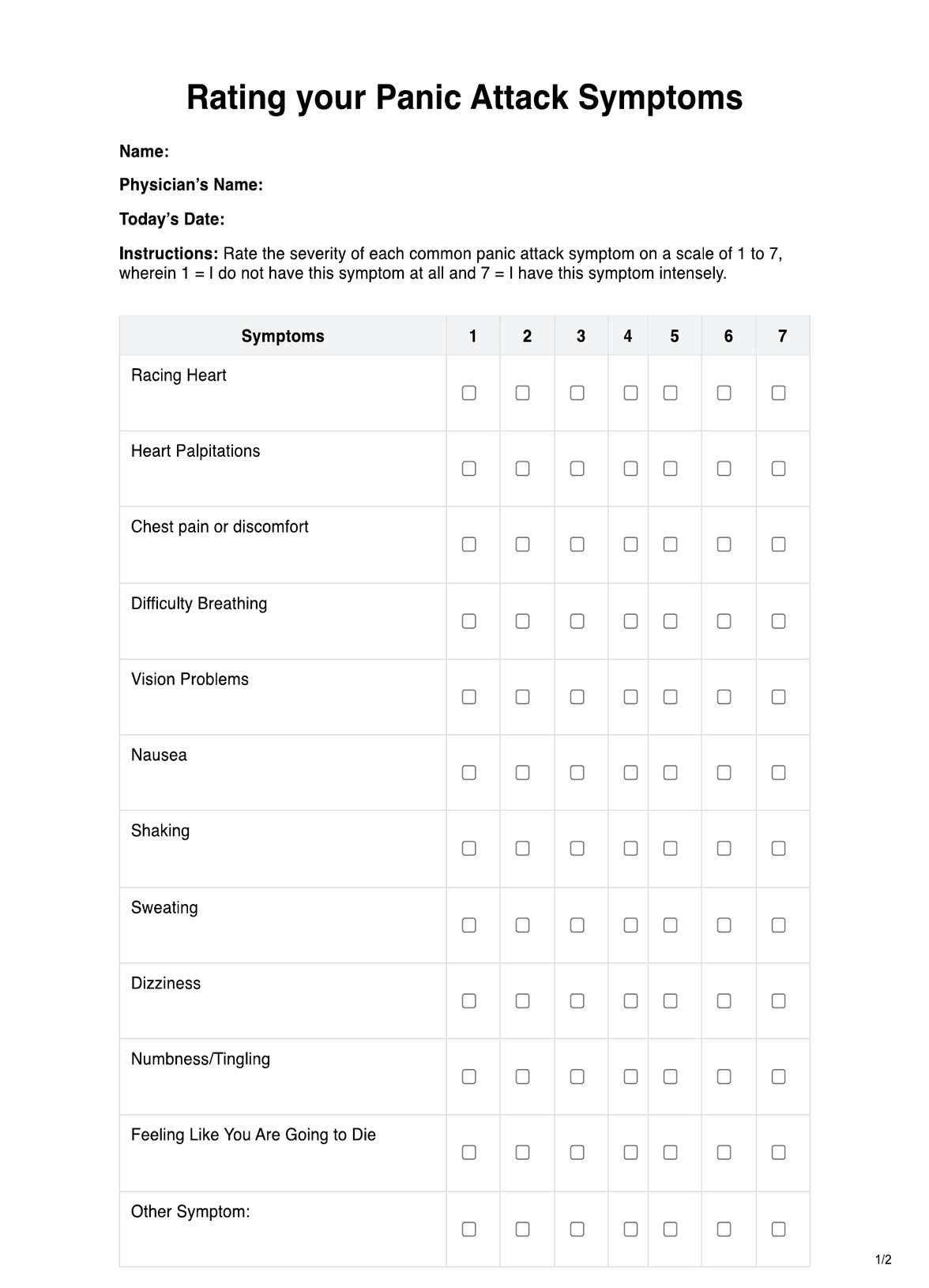Rating Your Panic Attack Symptoms Worksheet PDF Example