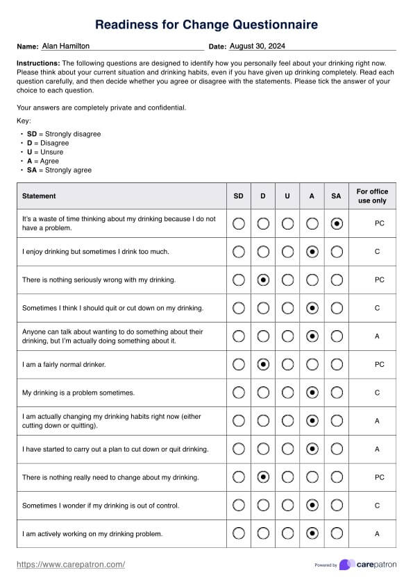 Readiness for Change Questionnaire PDF Example