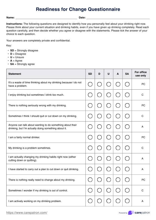 Readiness for Change Questionnaire PDF Example