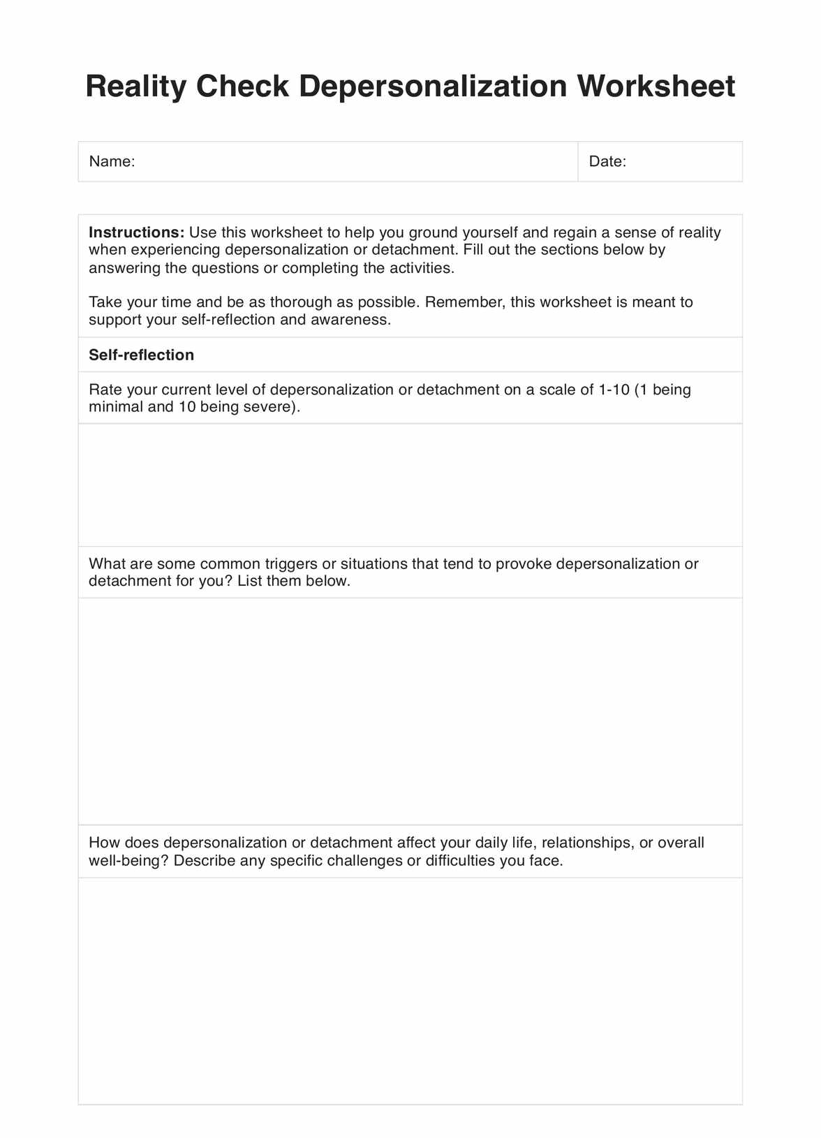 Reality Check Depersonalization Worksheet PDF Example
