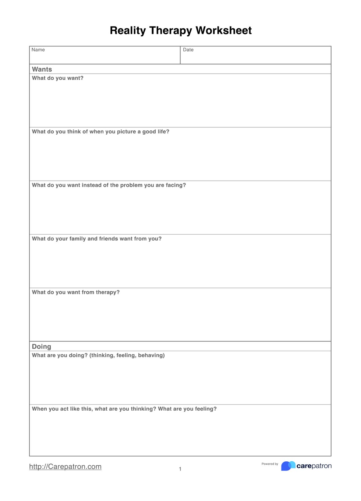 Reality Therapy Worksheets PDF Example