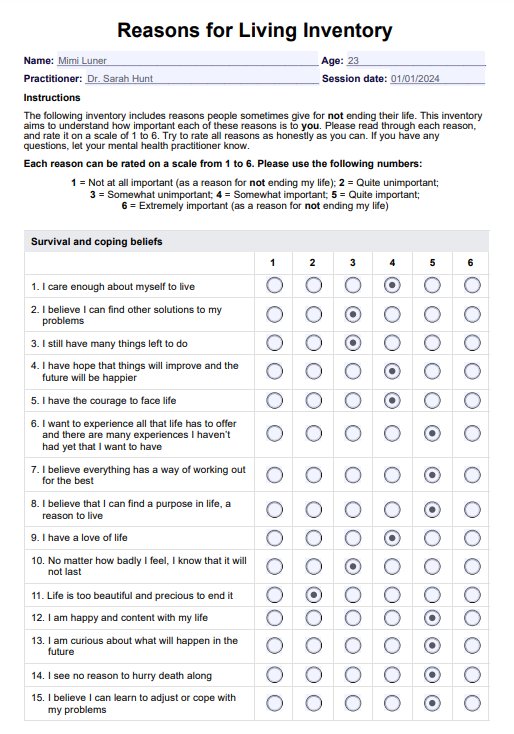 Reasons for Living Inventory PDF Example