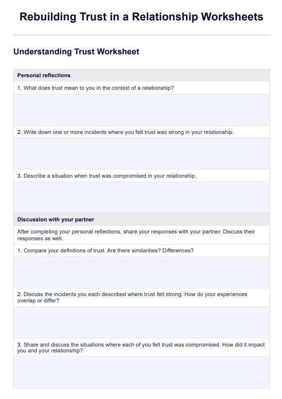 Hoja de ejercicios de cómo reconstruir la confianza en una relación PDF Example