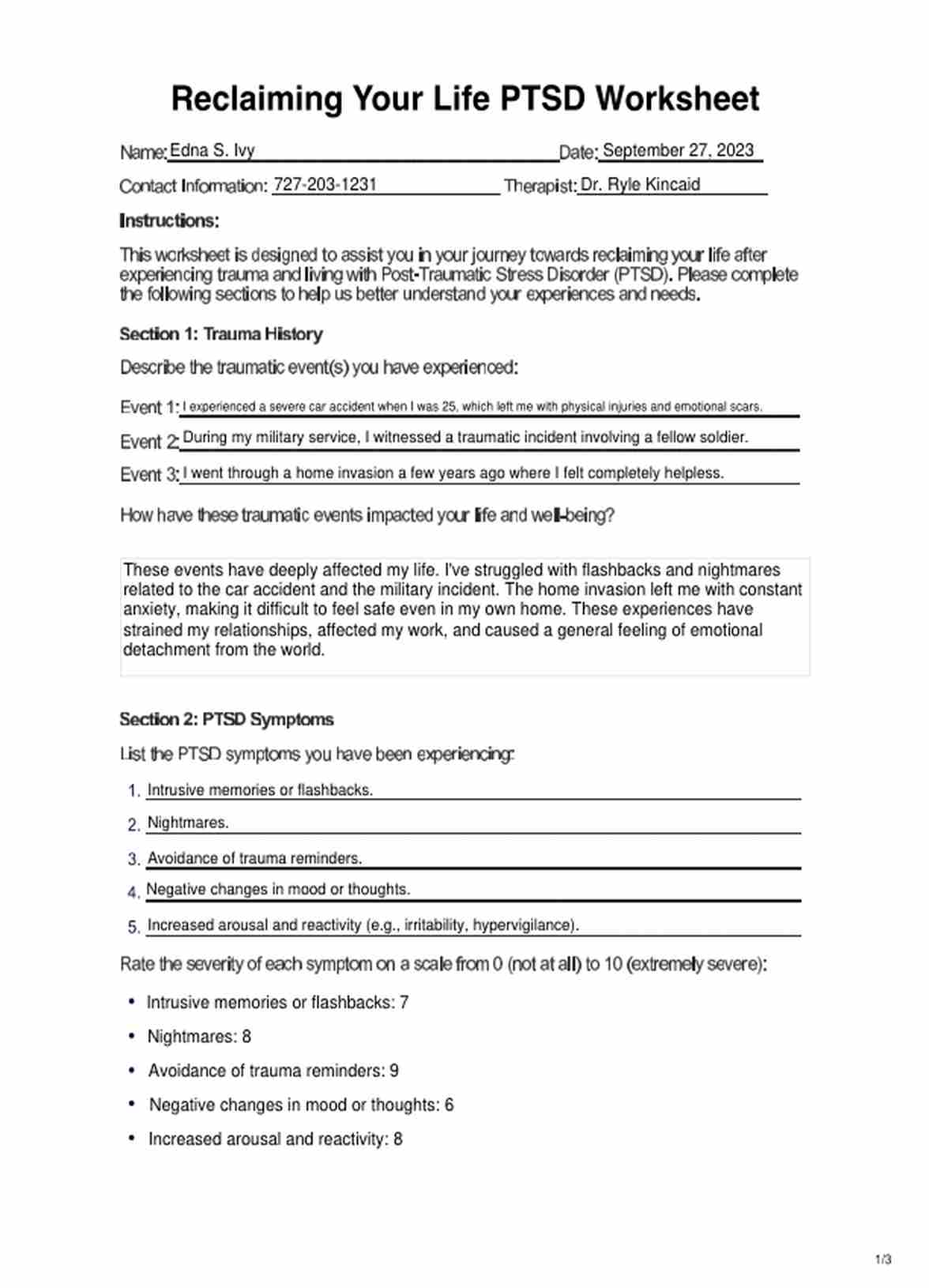 Reclaiming Your Life PTSD Worksheet & Example | Free PDF Download