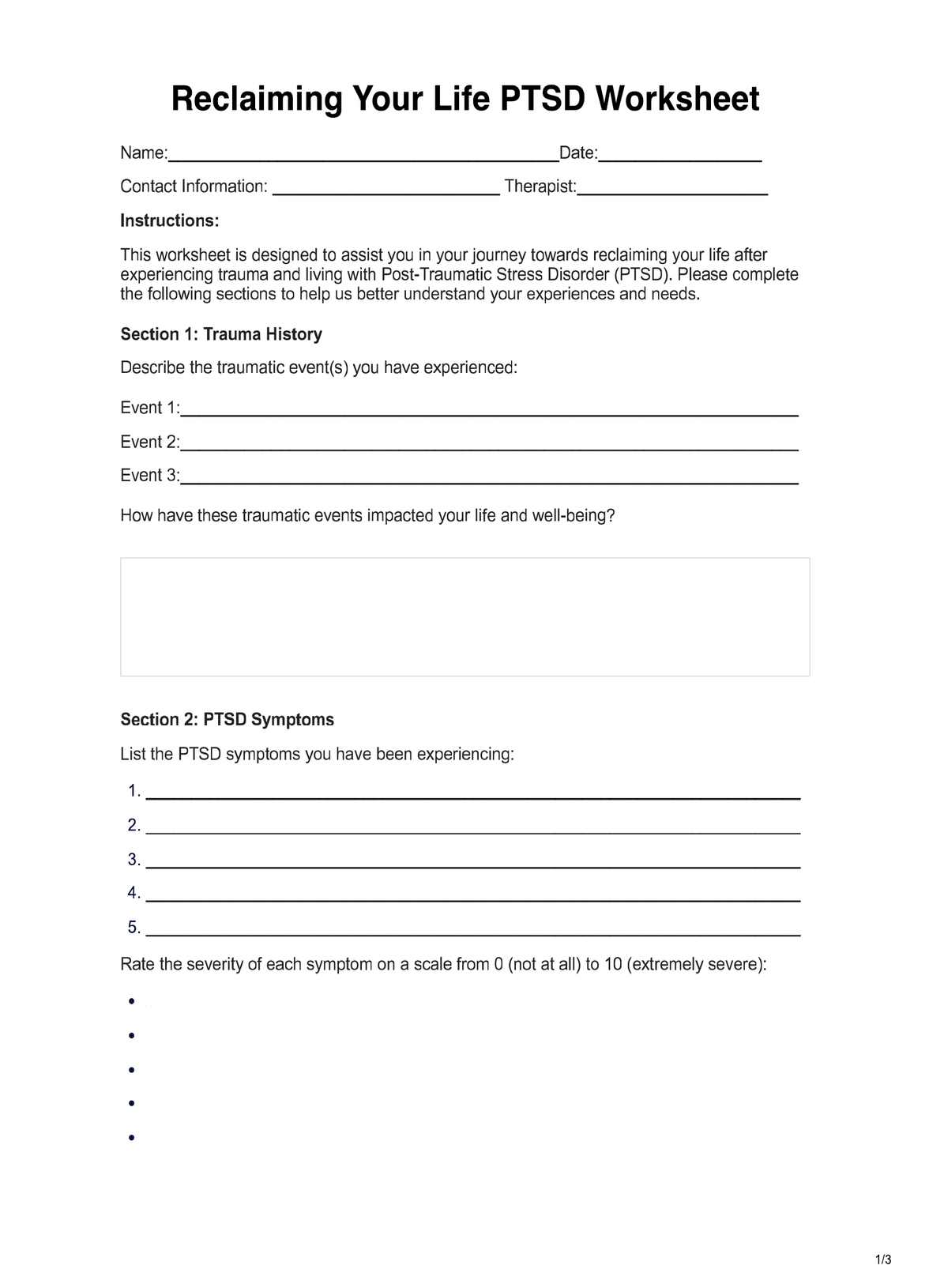 Reclaiming Your Life PTSD Worksheet PDF Example
