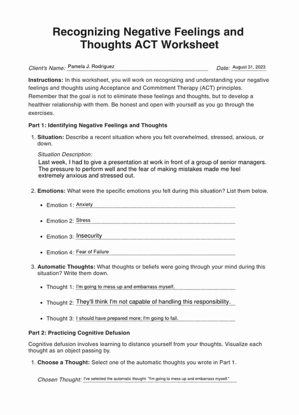Recognizing Negative Feelings and Thoughts ACT Worksheet PDF Example