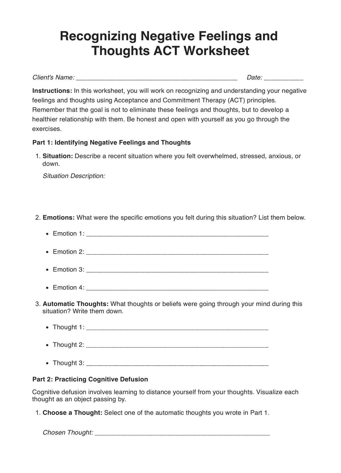 Recognizing Negative Feelings and Thoughts ACT Worksheet PDF Example