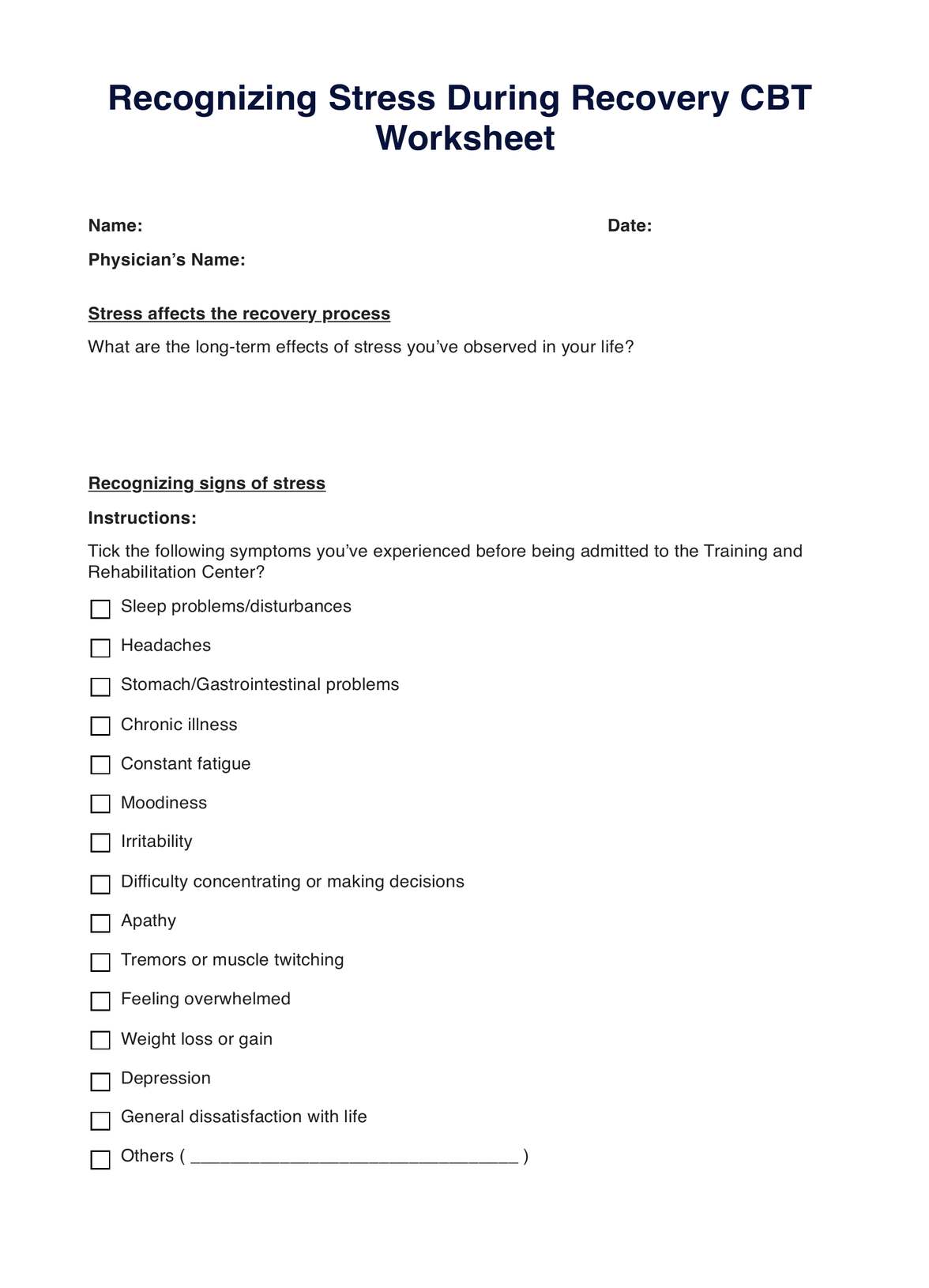 Recognizing Stress During Recovery CBT Worksheet PDF Example
