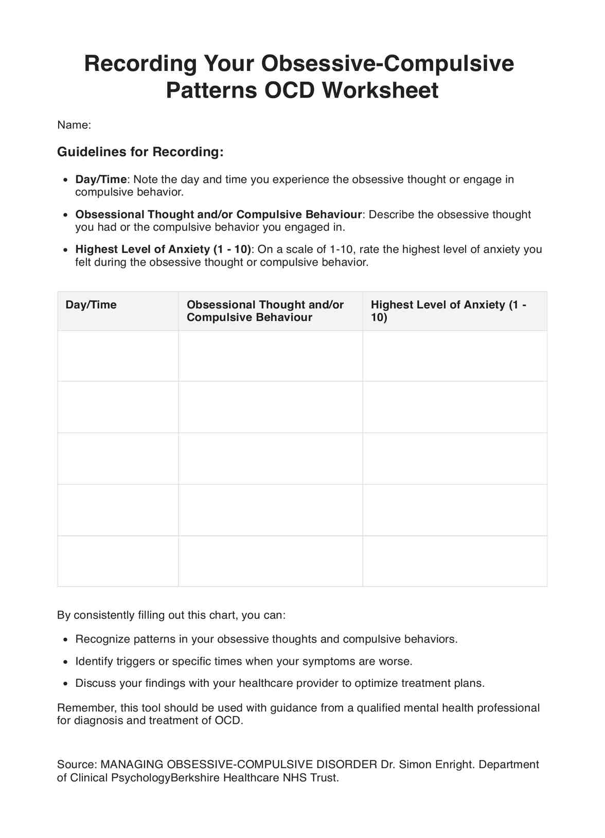 Recording Your Obsessive-Compulsive Patterns OCD Worksheet PDF Example