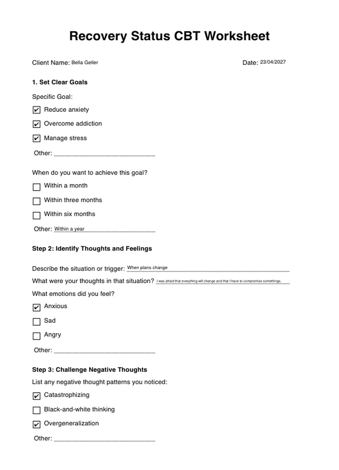 Recovery Status CBT Worksheet PDF Example