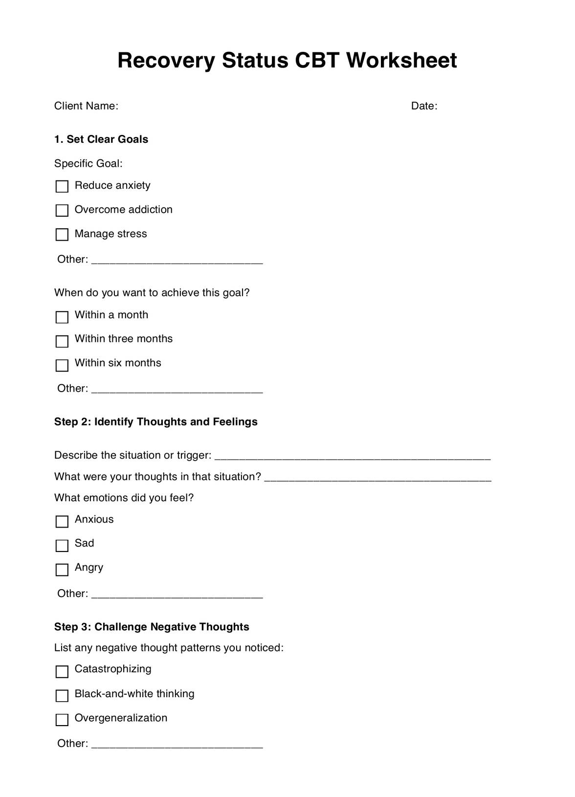 Recovery Status CBT Worksheet PDF Example